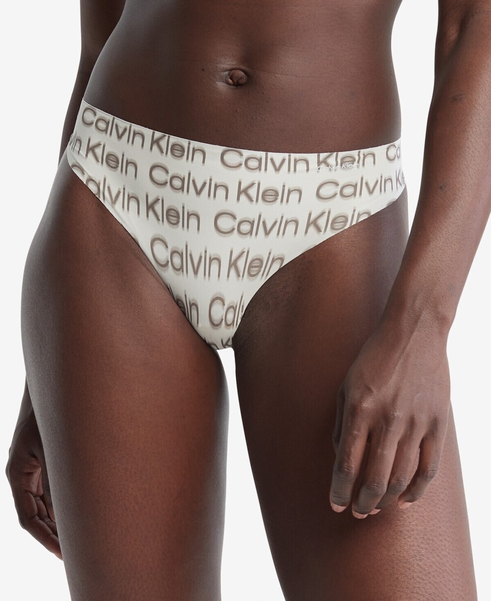 NWT Calvin Klein Lingerie Beige Mid Rise Thong Blur Logo, S